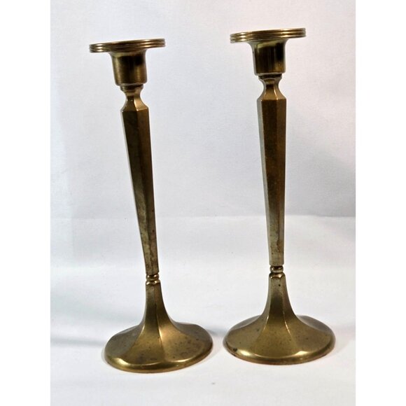 Solid Brass Candlestick Set 8.5" Tall Vintage Art Deco Style for Tapered Candles - Picture 11 of 12
